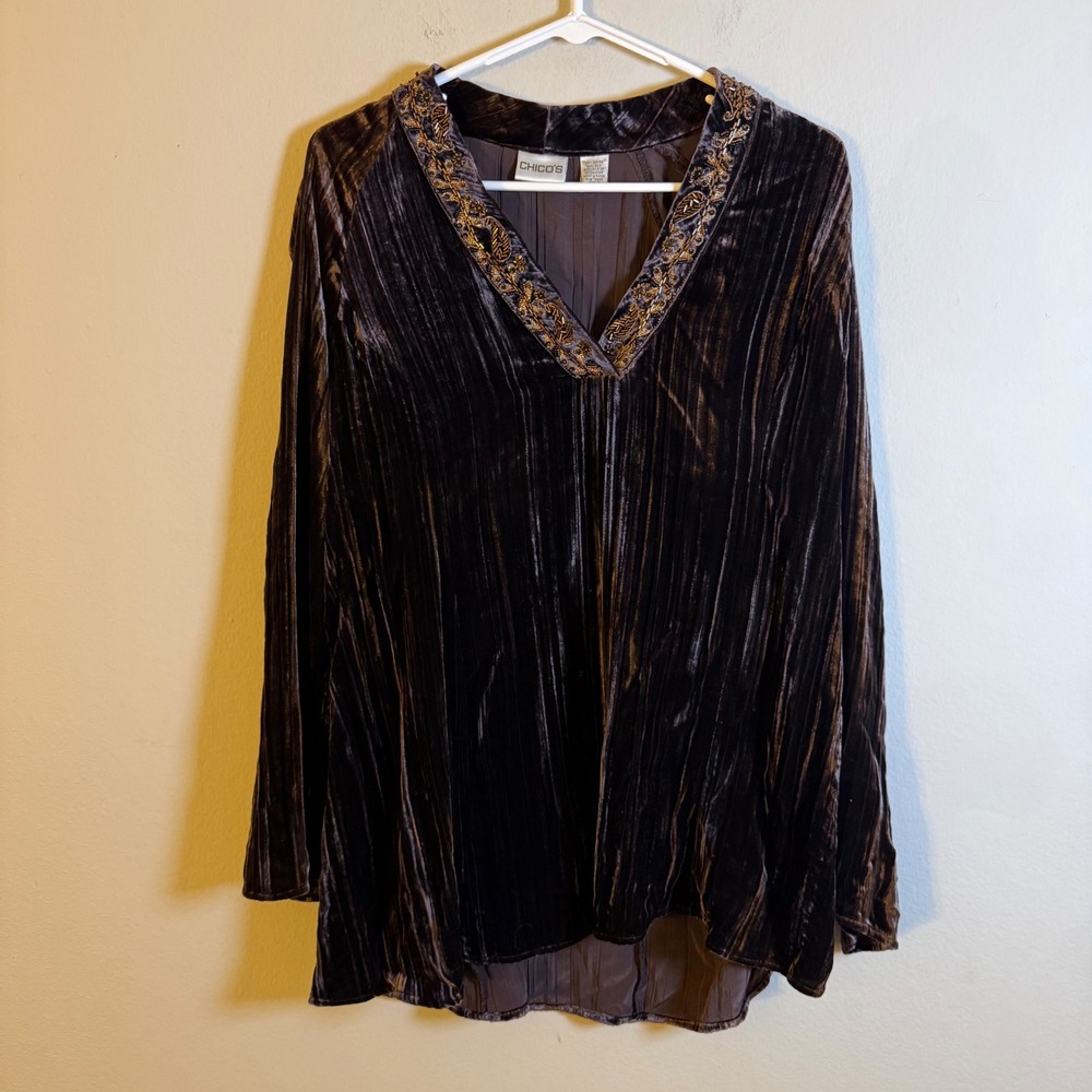 Chicos Womens‎ Silk Blend Crushed Velvet Beaded Embroidered Tunic Top Size 2